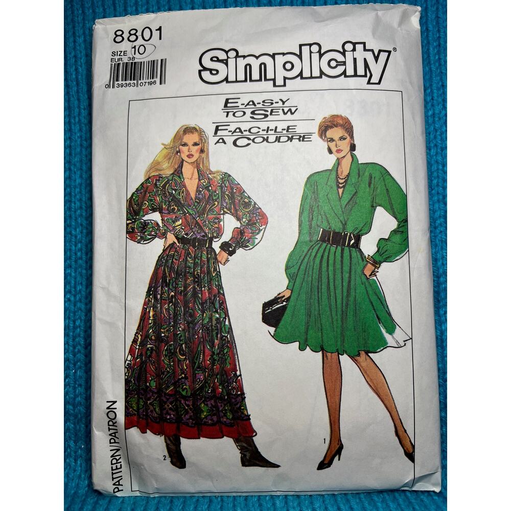 Simplicity Sewing pattern 8801 shirt dress pleat skirt swing skirt 1980s size 10